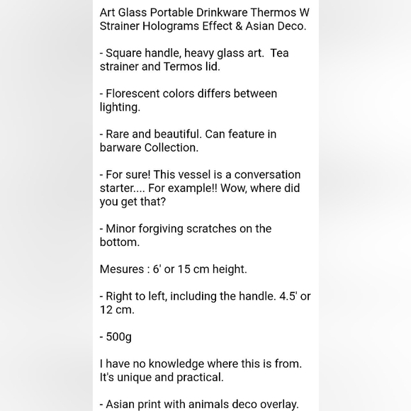 Art glass unique portable drinking ware, thermos and strainer. - Picture 14 of 14